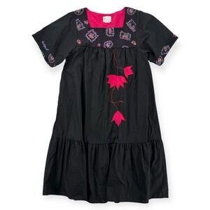 Vintage RM Muumuu Dress Womens Medium Hawaiian Black‎ Floral Midi Ruffle